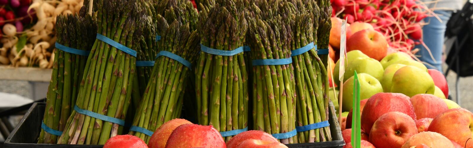 Manojos de espárragos, manzanas y rábanos en un puesto de un mercado de agricultores